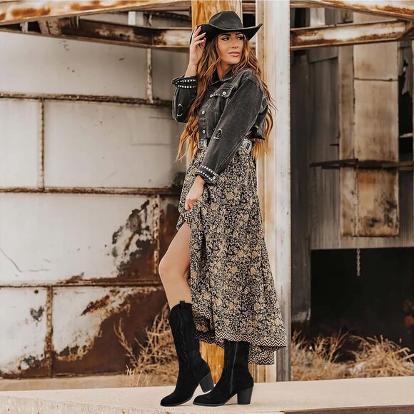 Women 1828-black Suede leather Embroidered Country Heel Pointed Toe Booties - Picture 2 of 6